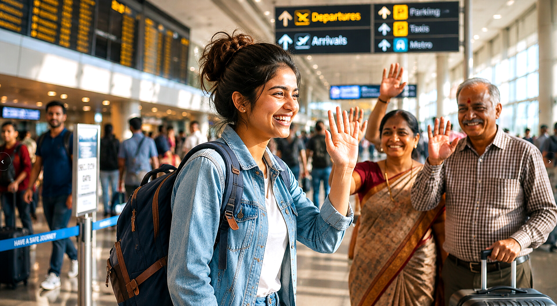Students traveling internationally at the airport
